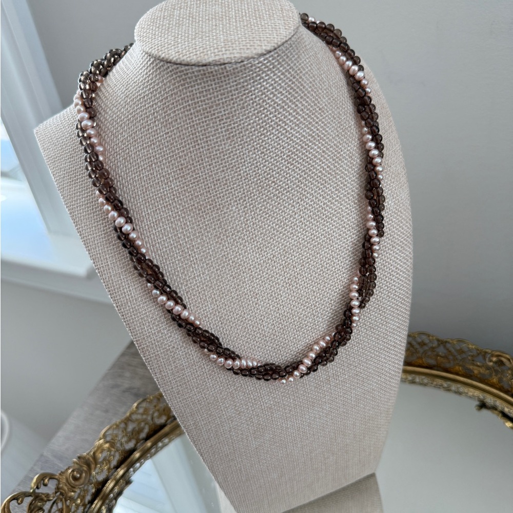 Vintage Y2K Smoky Quartz & Pink Freshwater Pearl Multi Strand Necklace 14K Clasp